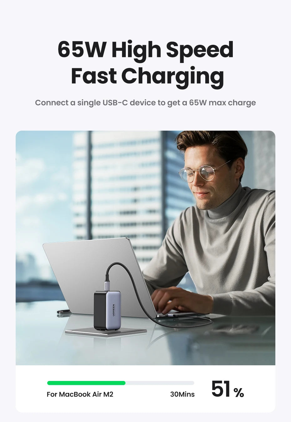 UGREEN 65W GaN Charger Quick Charge 4.0 3.0 USB C Charger for iPhone 16 15 14 Pro Max Laptop Macbook Air Tablet PD Fast Charger