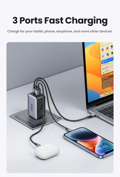 UGREEN 65W GaN Charger Quick Charge 4.0 3.0 USB C Charger for iPhone 16 15 14 Pro Max Laptop Macbook Air Tablet PD Fast Charger
