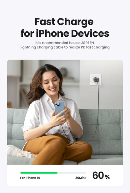 UGREEN 65W GaN Charger Quick Charge 4.0 3.0 USB C Charger for iPhone 16 15 14 Pro Max Laptop Macbook Air Tablet PD Fast Charger